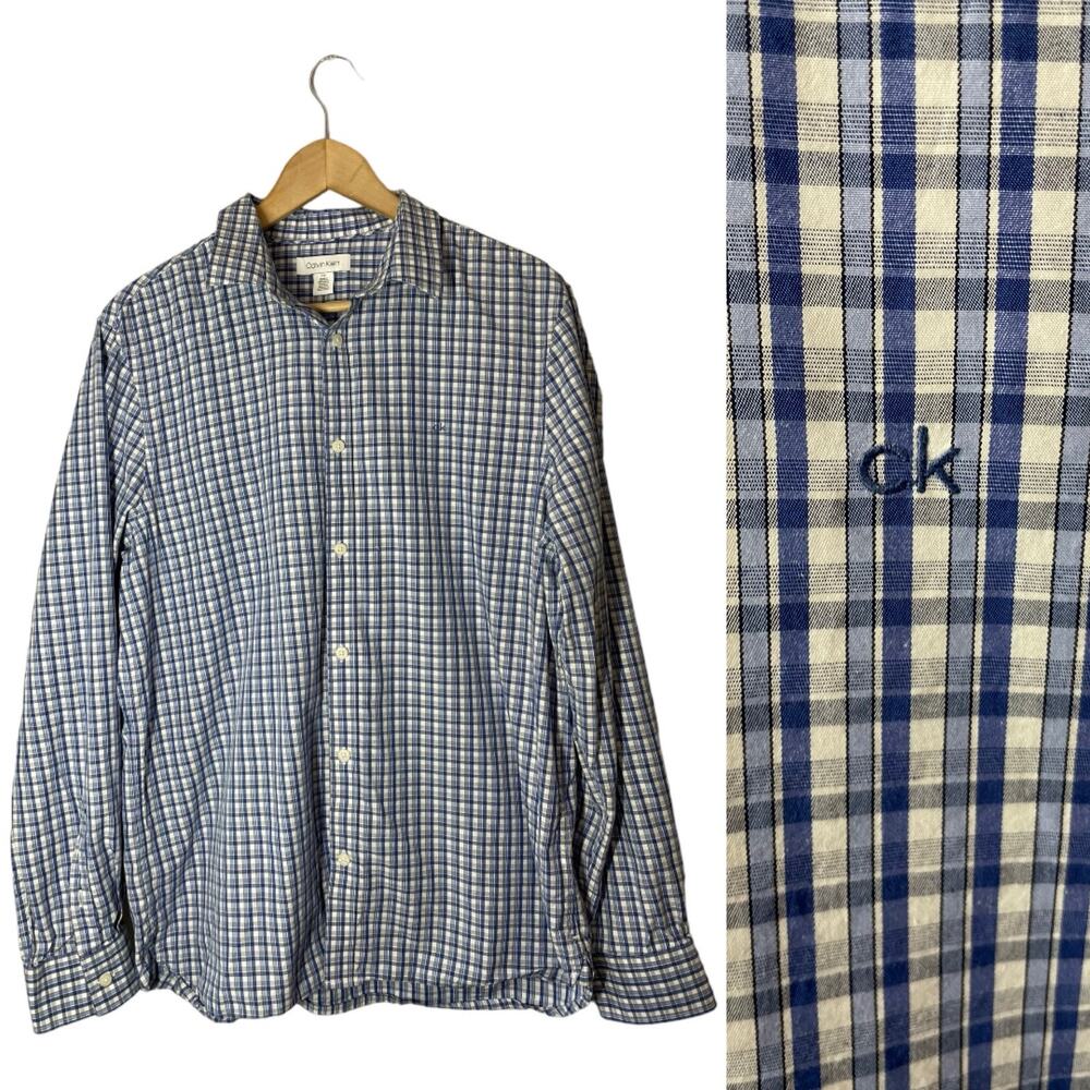 Calvin Klein Men Blue Plaid Dress Shirt Button Front Large Cotton Cashmere